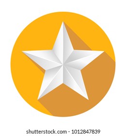 Volumetric five-pointed star. Icon of classic white star on yellow round background, 3D illustration.