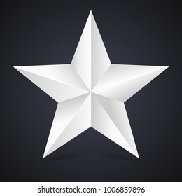 Volumetric five-pointed star with shadow. Icon of classic white star on black background, 3D illustration.