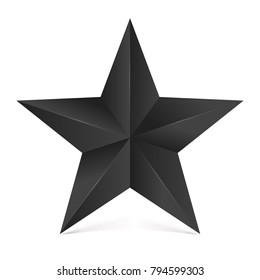 Volumetric five-pointed star with shadow. Icon of classic black star on white white background, 3D illustration.