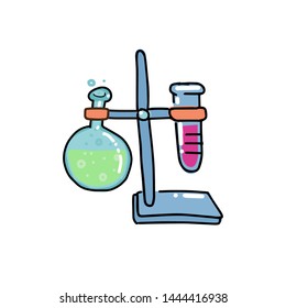 volumetric flask. Lab flasks connected with test tube illustration. round-bottom flask. Hand drawn doodle outline color illustration in childish style