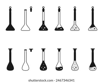 volumetric flask vector set.  laboratory chemical glassware equipment. flat design illustration isolated on white background.