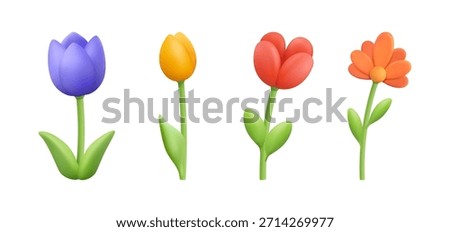 Volumetric flowers in blossom. Vector 3d style, isolated elegant flora in row. Tulip and gerbera, present for holiday. Plasticine craft of floral element. Botany and vegetation of summer or spring