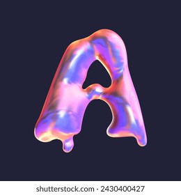 Volumetric flowing gradient letter A. Alphabet, inscription. Airy iridescent balloon, Melty Metallics. For logos, packaging, promotional materials and web banners. holographic Y2k.