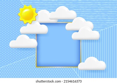 Marco volumétrico para texto enmarcado por nubes y sol en el fondo texturado