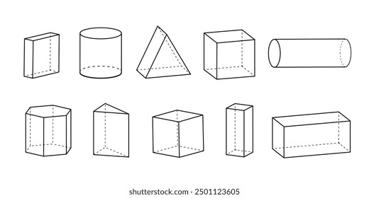 Volumetric geometric shapes.  3D models with faces in linear style.Cylinder,cube,prism,triangle.Isolated vector illustration.
