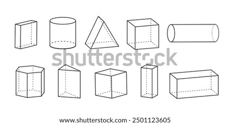 Volumetric geometric shapes.  3D models with faces in linear style.Cylinder,cube,prism,triangle.Isolated vector illustration.

