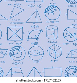 Volumetric geometric shapes with formulas depicted in a doodle style. Vector illustration