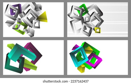 Volumetric geometric shapes. Set of 4 abstract vector backgrounds. Cover design for magazine, book, screensaver, banner.