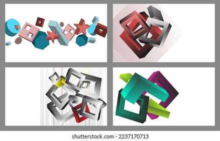 Volumetric geometric shapes. Set of 4 abstract vector backgrounds. Cover design for magazine, book, screensaver, banner.