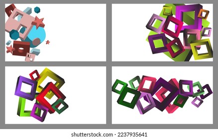 Volumetric geometric shapes. Set of 4 abstract vector backgrounds. Cover design for magazine, book, screensaver, banner.