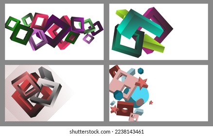 Volumetric geometric shapes. Set of 4 abstract vector backgrounds. Cover design for magazine, book, screensaver, banner.