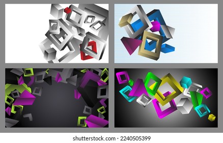 Volumetric geometric shapes. Set of 4 abstract vector backgrounds. Cover design for magazine, book, screensaver, banner.