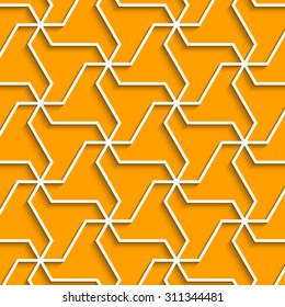Volumetric geometric yellow and white background with outline extrude effect. Based on islamic ethnic ornaments. Abstract 3d seamless background. Vector illustration.