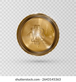 Volumetric gold crypto coin with bitcoin symbol on transparent background. Digital currency illustration.