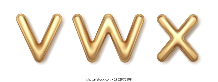 Volumetric gold V W X 3d balloons letters vector icons. Glowing yellow font with shiny highlights and luxurious typeset. Bright elegant alphabet set for exclusive advertising and glamorous holidays.