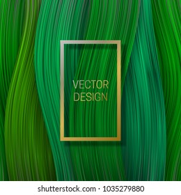 Volumetric golden rectangular frame on shades of green background. Trendy packaging design or cover template.