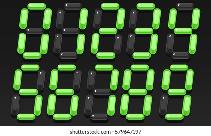 Volumetric green digital numbers from 0 to 9. Electronic numbers mockup. Vector illustration.