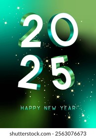 Volumetric green and white numbers 2025 with metallic shine on a multi-colored blue-green background with sparkles. Happy New Year 2025. Bright festive design. Background for parties, sales