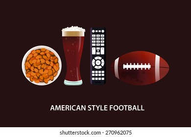 Volumetric icons on a dark background TV Remote, beer bottle, bowl of nuts and an American style football