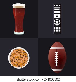 Volumetric icons on a dark background TV Remote, beer bottle, bowl of nuts and an American style football