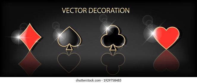 Volumetric icons of suits of playing cards: spades, clubs, hearts and diamonds. Casino, poker club. Realistic 3D vector design elements.