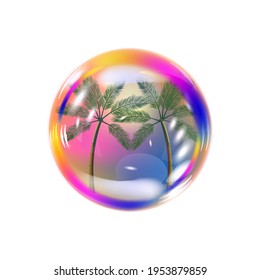 Volumetric image of a soap bubble. Palm trees symbol of relaxation. The sign is shiny and iridescent. Vector graphics for decoration.