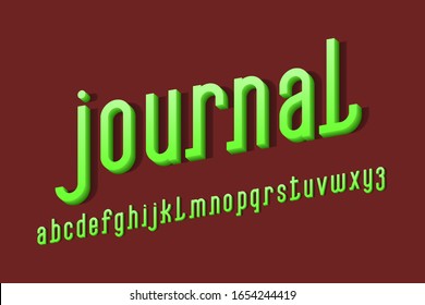 Volumetric journal alphabet of green letters. 3d display oblique font. Isolated english alphabet.