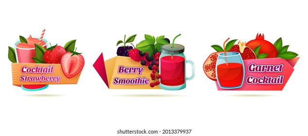 Volumetric Label Set For Smoothie Or Cocktails. Decorative Stickers For Strawberry, Berry And Pomegranate Drinks. Refreshing Milky Or Fruity Beverage.