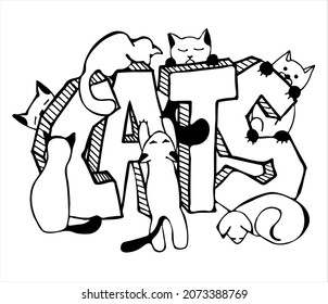 Volumetric letters with cats in different poses. Vector illustration