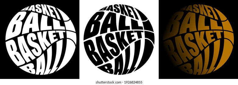 Volumetric letters with name BASKETBALL on background of sports ball. Element for print and design of sports competitions. Isolated vector