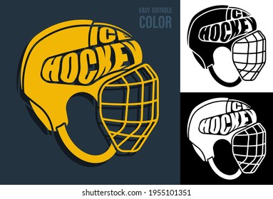 Volumetric letters with name ICE HOCKEY on background of sports protective helmet. Element for print and design of sports competitions. Isolated vector