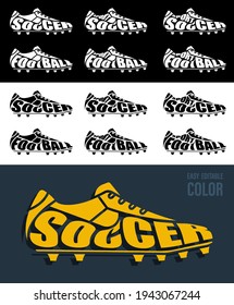 Volumetric letters with name SOCCER and FOOTBALL on background of sports boot, spiked sneaker. Element for print and design of sports competitions. Isolated vector