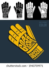 Volumetric letters with name SOCCER and FOOTBALL on background of sport goalkeeper glove. Element for print and design of sports competitions. Isolated vector