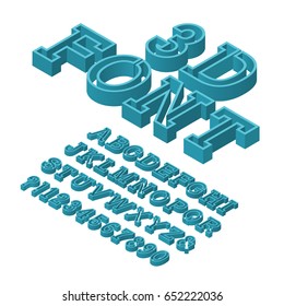 Volumetric letters typeface. 3d font. Isolated isometric english alphabet with numbers.