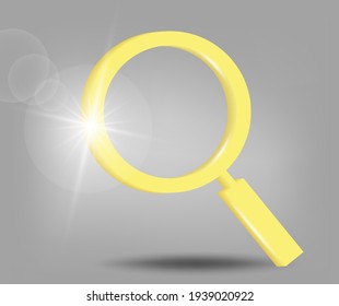 Volumetric magnifier icon. Research, find concept. 3d vector illustration in yellow - gray colors.