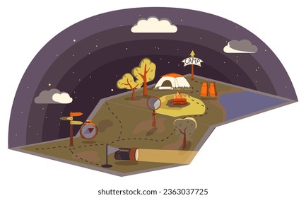 Volumetric map. Summer camp at night time with lamp, tent, campfire, log, cauldron and hiking equipment. Summertime vacation, camping, traveling, trip, hiking activities, Cartoon vector illustration