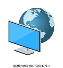 Volumetric monitor with planet earth icon Concept of global broadcasting