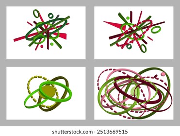 Formas geométricas multicoloridas volumétricas. Geometria abstrata. Conjunto de 4 designs. Plano de fundo ou design de tampa, vetor.