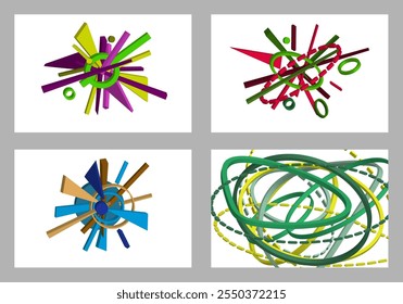 Formas geométricas multicoloridas volumétricas. Geometria abstrata. Conjunto de 4 designs. Plano de fundo ou design de tampa, vetor.