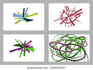 Formas geométricas multicoloridas volumétricas. Geometria abstrata. Conjunto de 4 designs. Plano de fundo ou design de tampa, vetor.