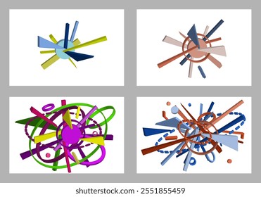 Formas geométricas multicoloridas volumétricas. Geometria abstrata. Conjunto de 4 designs. Plano de fundo ou design de tampa, vetor.