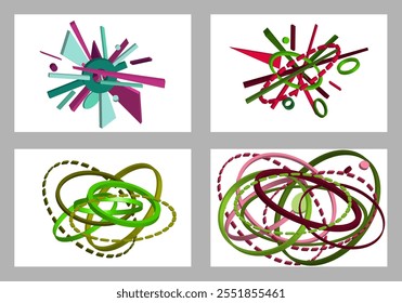 Formas geométricas multicoloridas volumétricas. Geometria abstrata. Conjunto de 4 designs. Plano de fundo ou design de tampa, vetor.