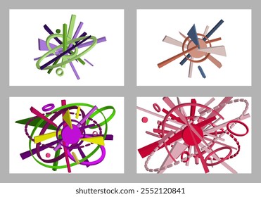 Formas geométricas multicoloridas volumétricas. Geometria abstrata. Conjunto de 4 designs. Plano de fundo ou design de tampa, vetor.