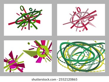 Formas geométricas multicoloridas volumétricas. Geometria abstrata. Conjunto de 4 designs. Plano de fundo ou design de tampa, vetor.