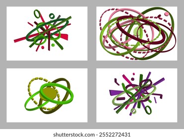 Formas geométricas multicoloridas volumétricas. Geometria abstrata. Conjunto de 4 designs. Plano de fundo ou design de tampa, vetor.