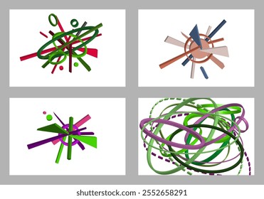 Formas geométricas multicoloridas volumétricas. Geometria abstrata. Conjunto de 4 designs. Plano de fundo ou design de tampa, vetor.