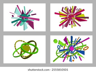 Volumetric multi-colored geometric shapes. Abstract geometry. Set of 4 designs. Background or cover design, vector.