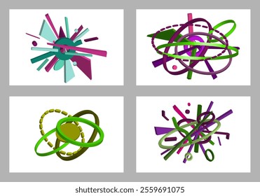 Volumetric multi-colored geometric shapes. Abstract geometry. Set of 4 designs. Background or cover design, vector.