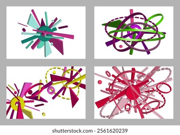 Volumetric multi-colored geometric shapes. Abstract geometry. Set of 4 designs. Background or cover design, vector.