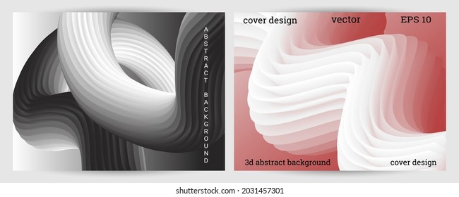 Volumetric multi-colored relief waves wriggle against a gradient background. Tube paste. Set of 2 covers. Cover design, wallpaper, background, banner, flyer.